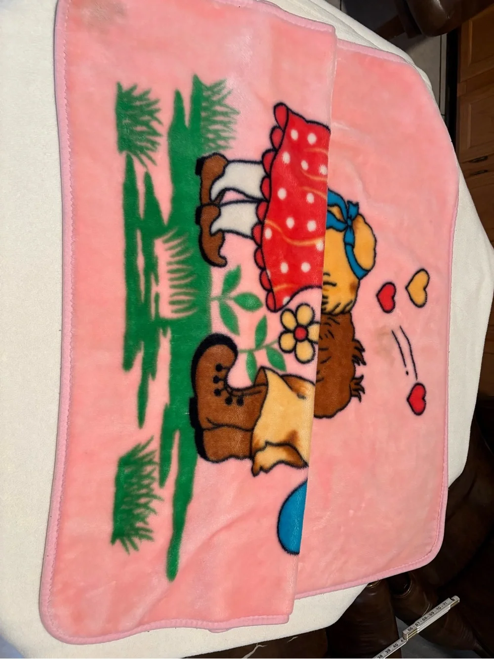 Vintage 80s 90s Korean Plush Minky Baby Blanket Boy & Girl Kissing Hearts Pink